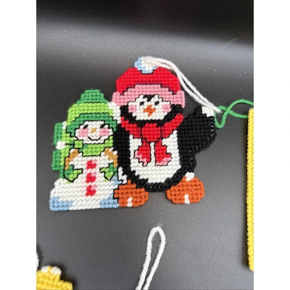 Lot of 8 Plastic Canvas Ornaments Christmas Penguin Snowman Cottage
